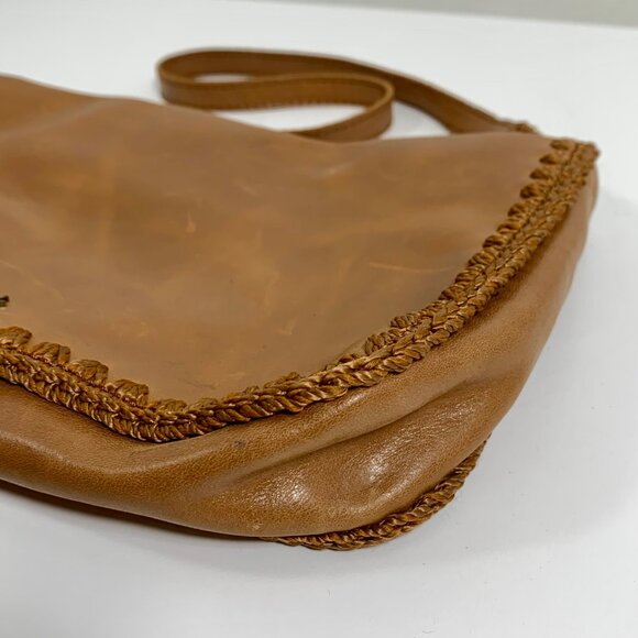 Minimalist THE SAK Flora Soft Leather Small Satchel Crocheted Trim Camel Tan - Picture 4 of 13